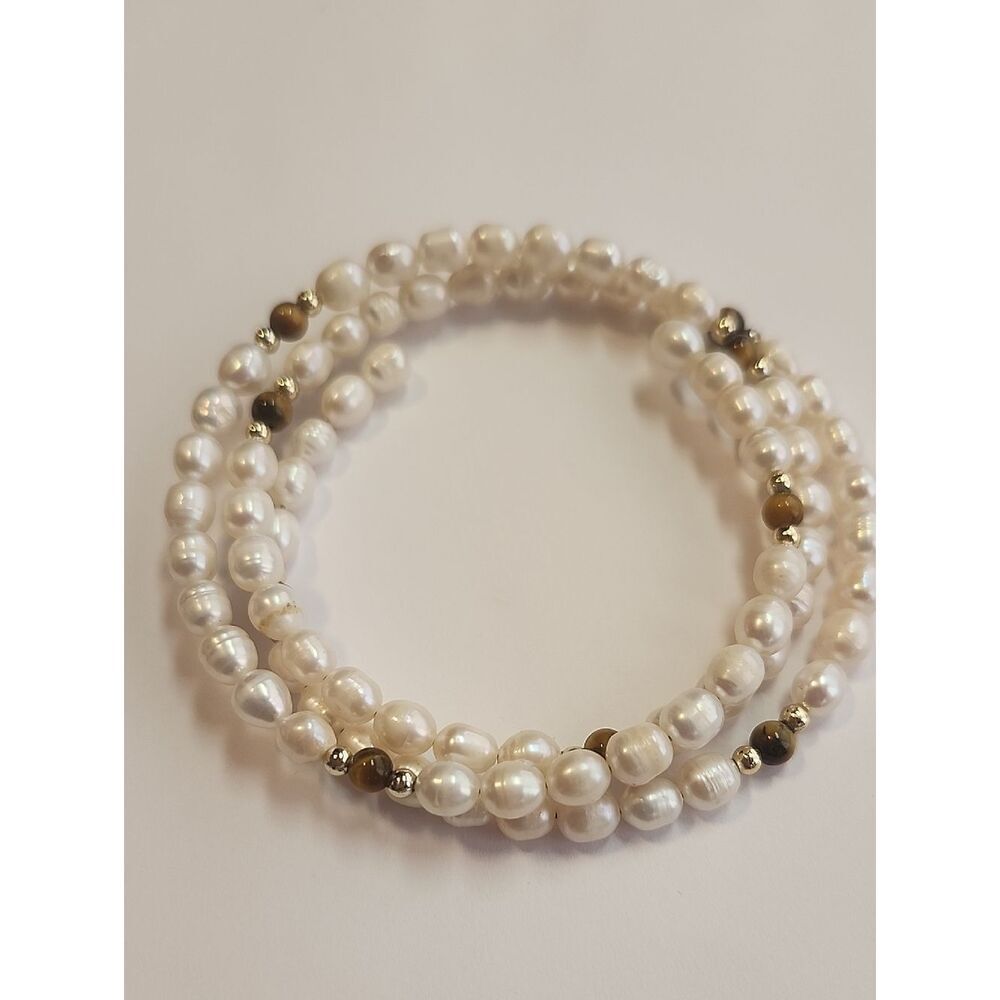 Freshwater Pearl, Tigers Eye, and Gold Tone Accent Wrap Bracelet - White